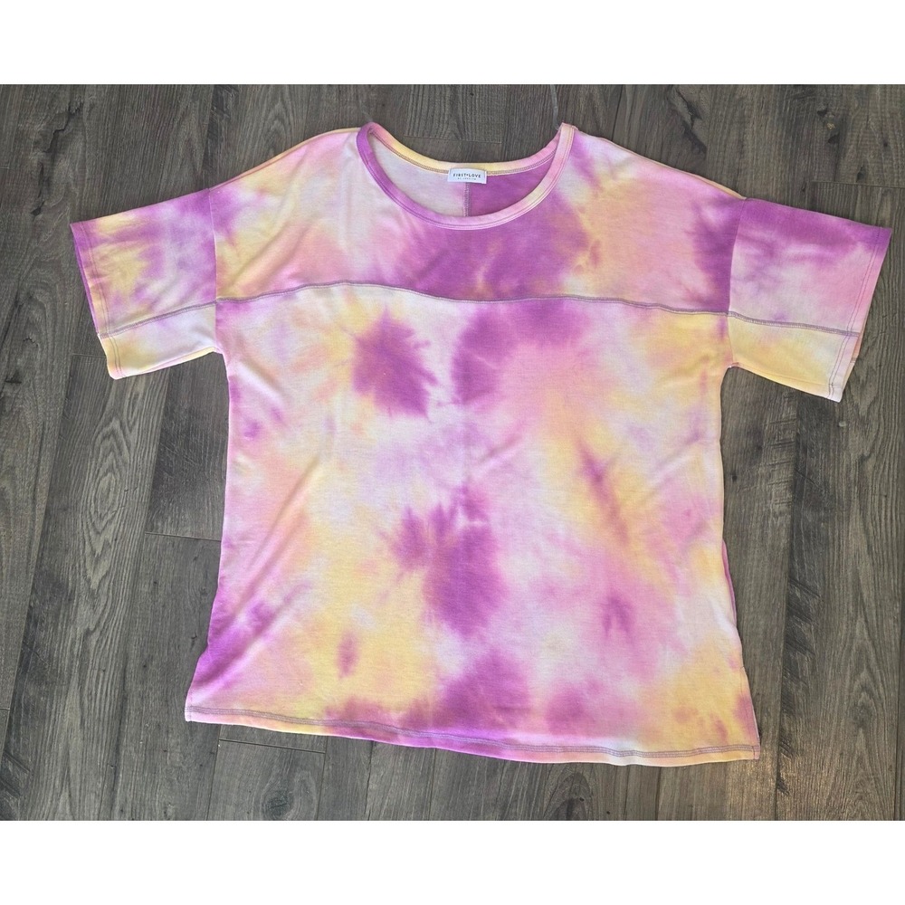 Women's sz 1X Pink Purple Yellow Tie Dye Short Sleeve Top Sherbetβ Spring Summer